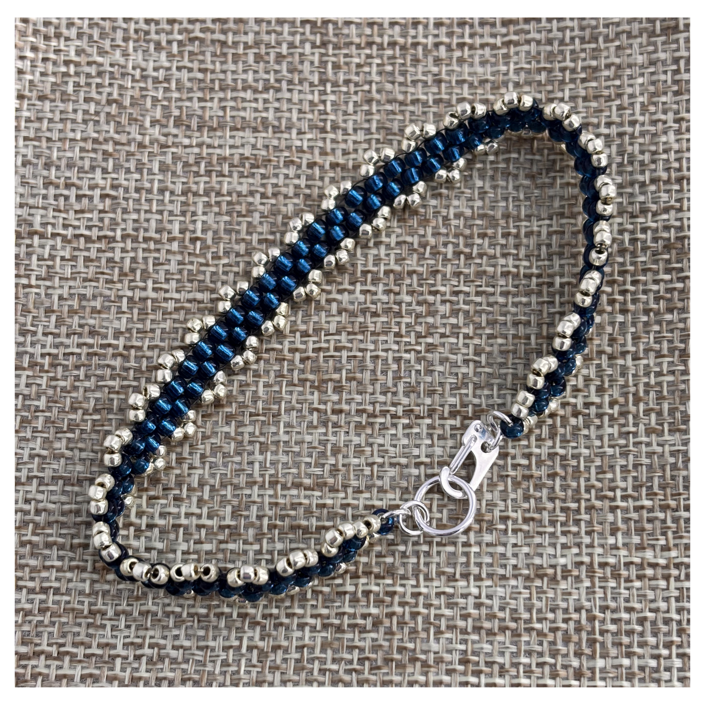 Dainty Woven Seed Bead Bracelet in Blue Zircon & Silver