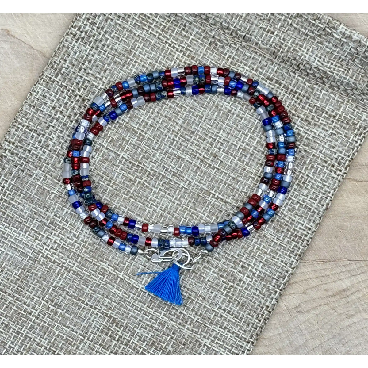 Convertible Seed Bead Wrap Necklace & Bracelet - Red, White & Blue Mix