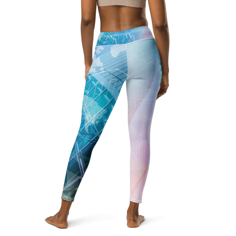 A model from the back wearing high-waisted leggings with a blue, teal, and lavender abstract geometric pattern, set against a plain white background.