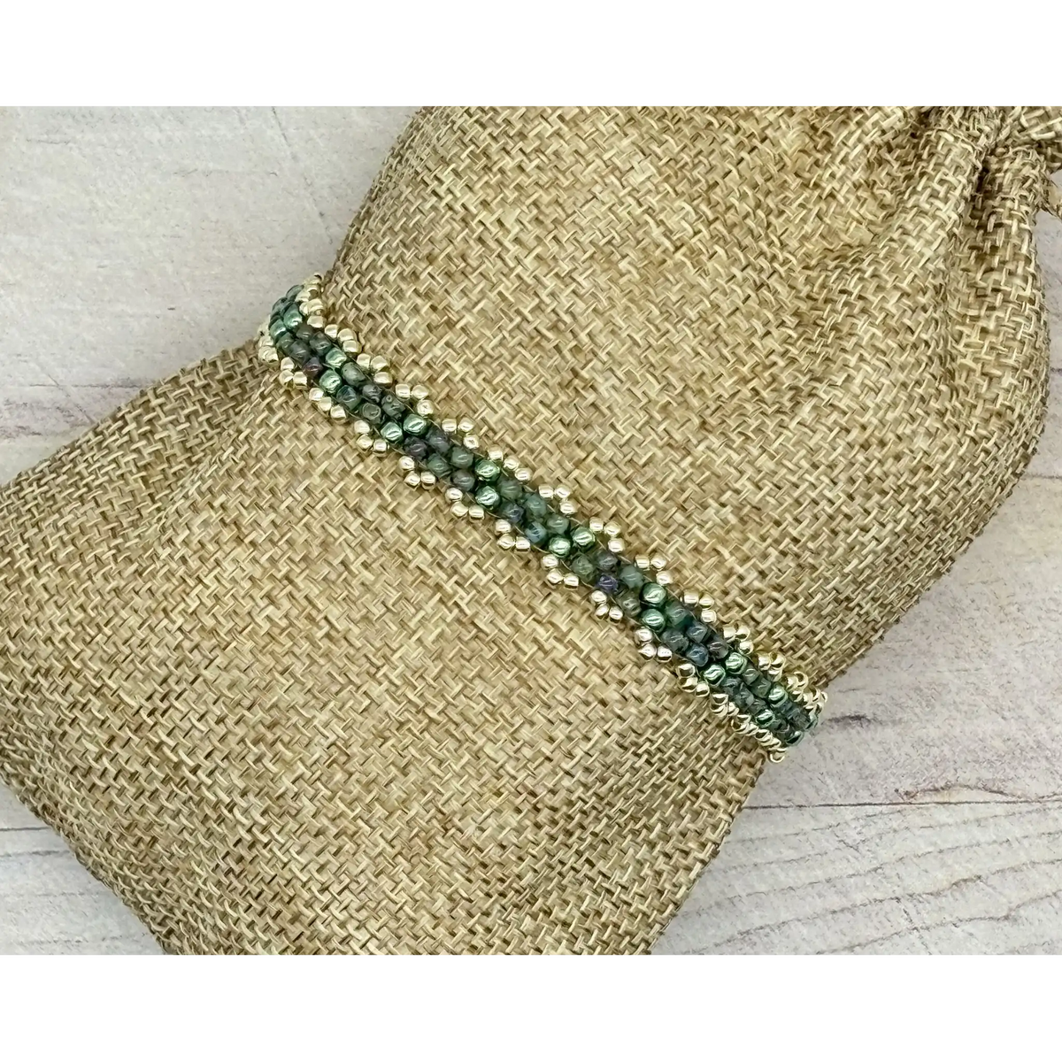 Dainty Woven Seed Bead Bracelet in Olivine Jade & Silver