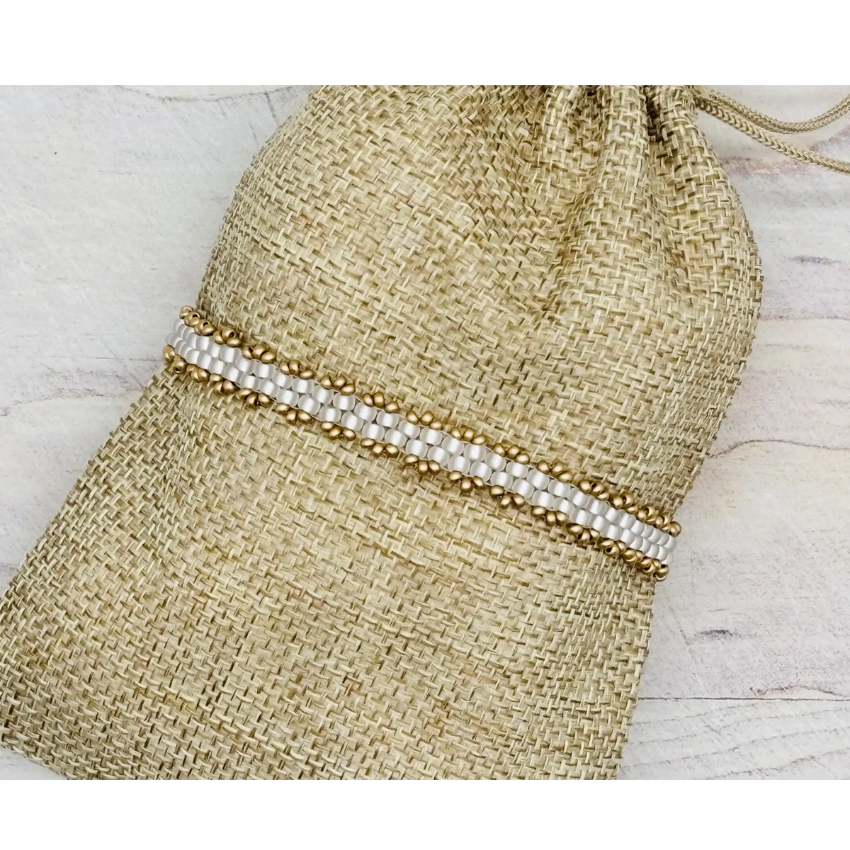 Dainty Woven Seed Bead Bracelet in Silver Lined Crystal & Gold