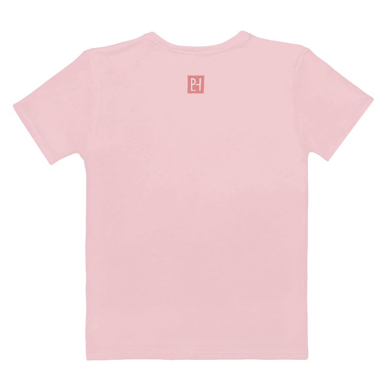 Back view of a light pink jersey t-shirt with a small square PeLoHa Studio logo printed below the collar.