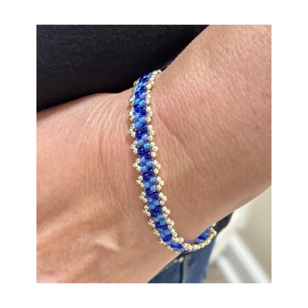 Dainty Woven Seed Bead Bracelet in Sapphire Cobalt & Silver