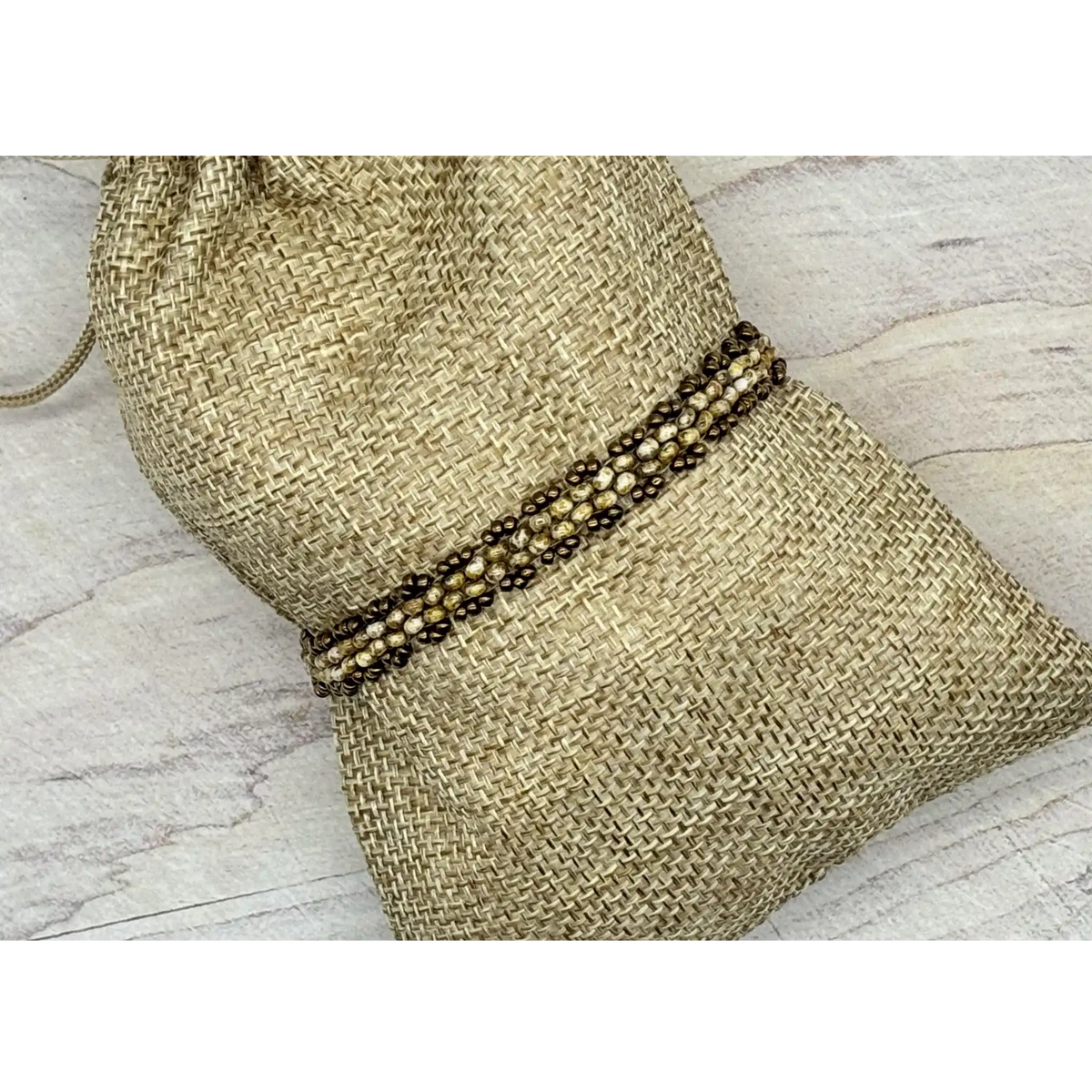 Dainty Woven Seed Bead Bracelet in White Moon Picasso & Bronze