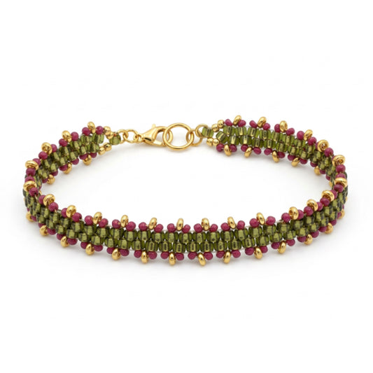 A beaded bracelet featuring olive green seed beads, deep magenta pink beads, and small gold spacer beads, with a gold clasp, shown on a plain white background.