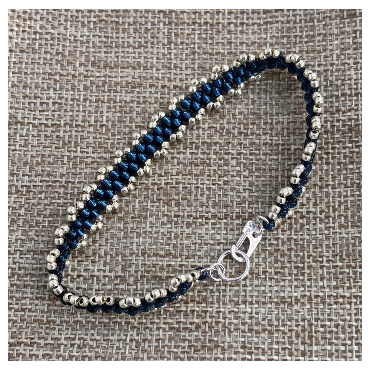 Dainty Woven Seed Bead Bracelet in Blue Zircon & Silver
