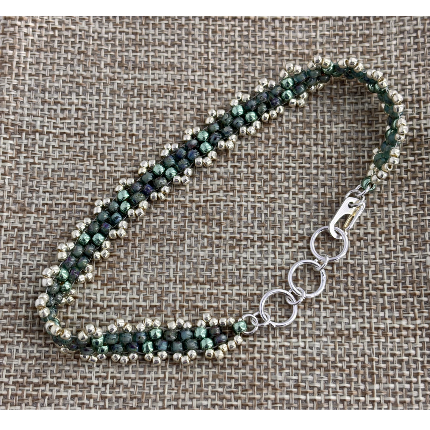 Dainty Woven Seed Bead Bracelet in Olivine Jade & Silver