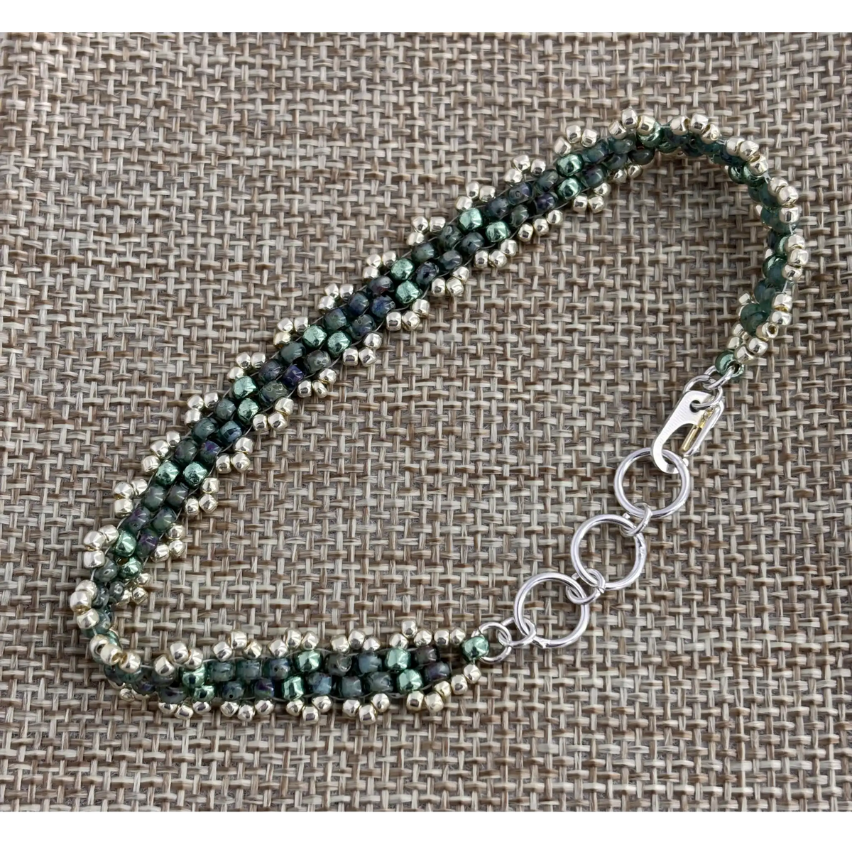 Dainty Woven Seed Bead Bracelet in Olivine Jade & Silver