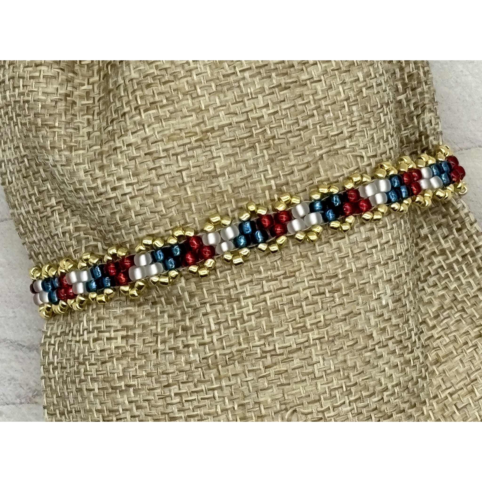 7" Miyuki & Toho Glass Bead Bracelet – Patriot Colors with Gold