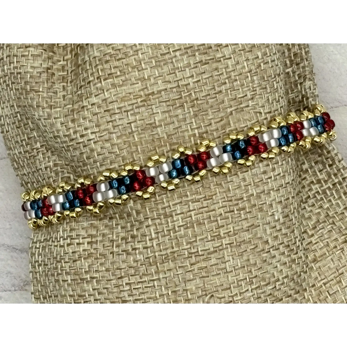 Dainty Woven Seed Bead Bracelet in Patriot Colors with Gold