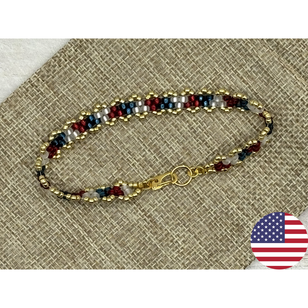 7" Miyuki & Toho Glass Bead Bracelet – Patriot Colors with Gold