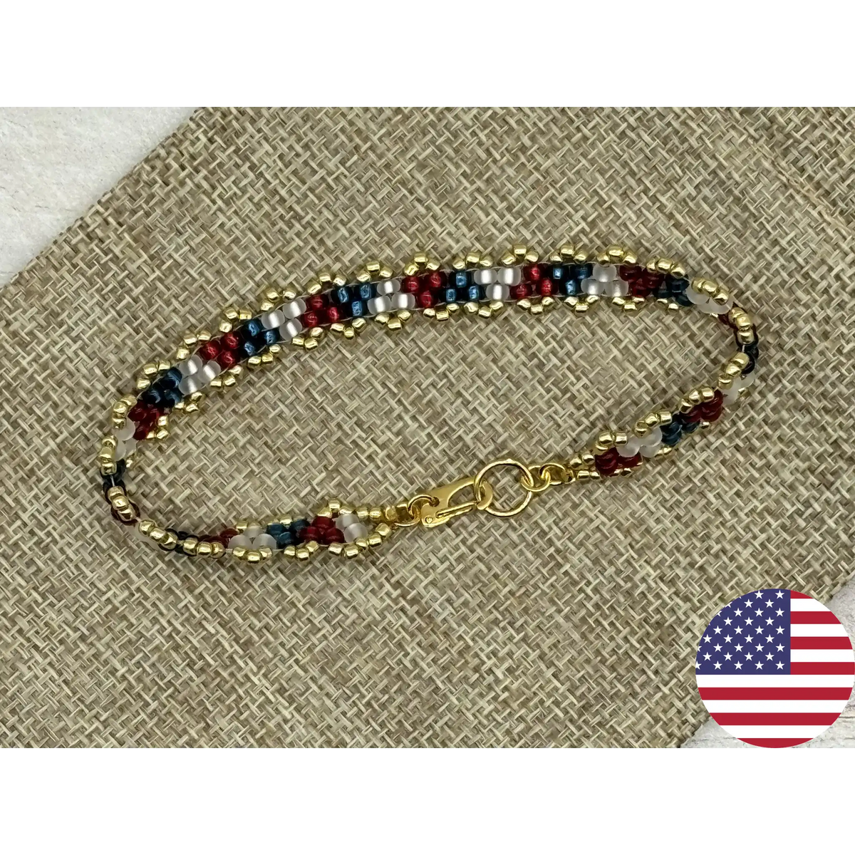 Dainty Woven Seed Bead Bracelet in Patriot Colors with Gold