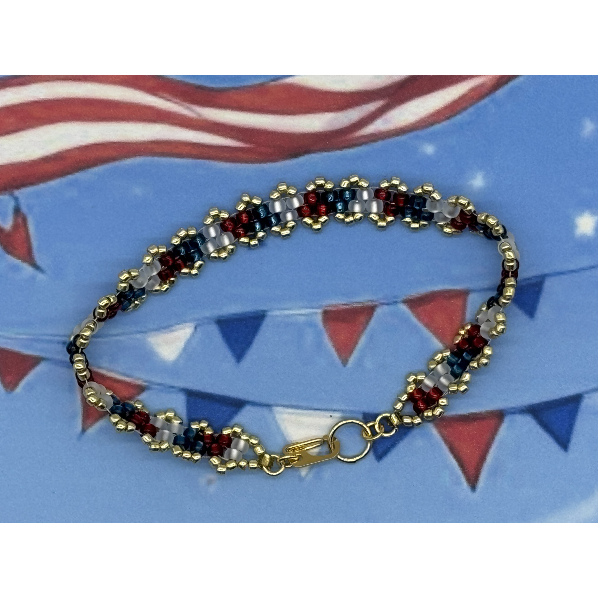 7" Miyuki & Toho Glass Bead Bracelet – Patriot Colors with Gold