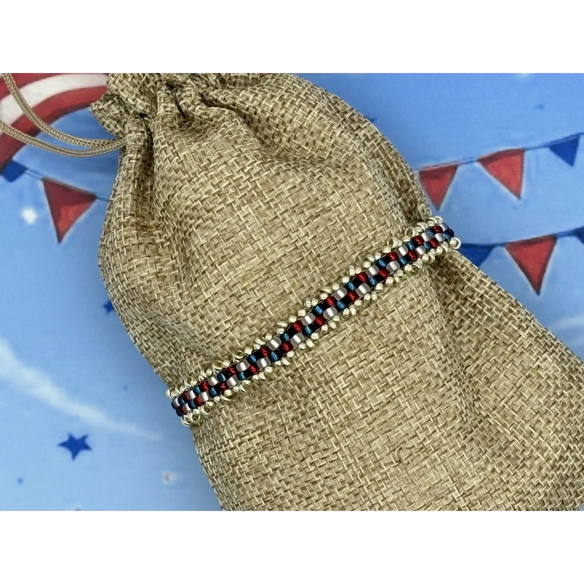 Dainty Woven Seed Bead Bracelet in Patriot Colors with Silver