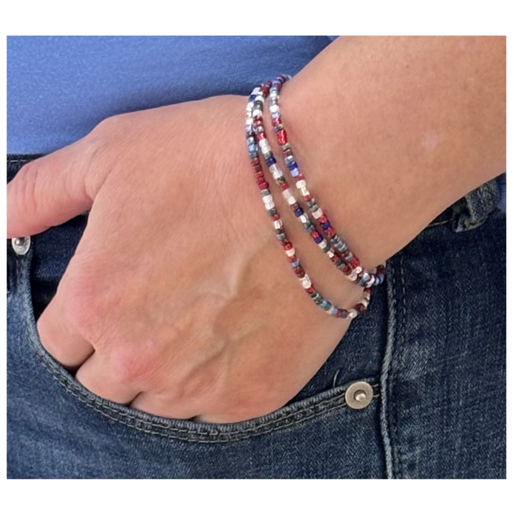 4th of July Skinny Seed Bead Wrap – Convertible 23" Patriotic Bracelet & Necklace