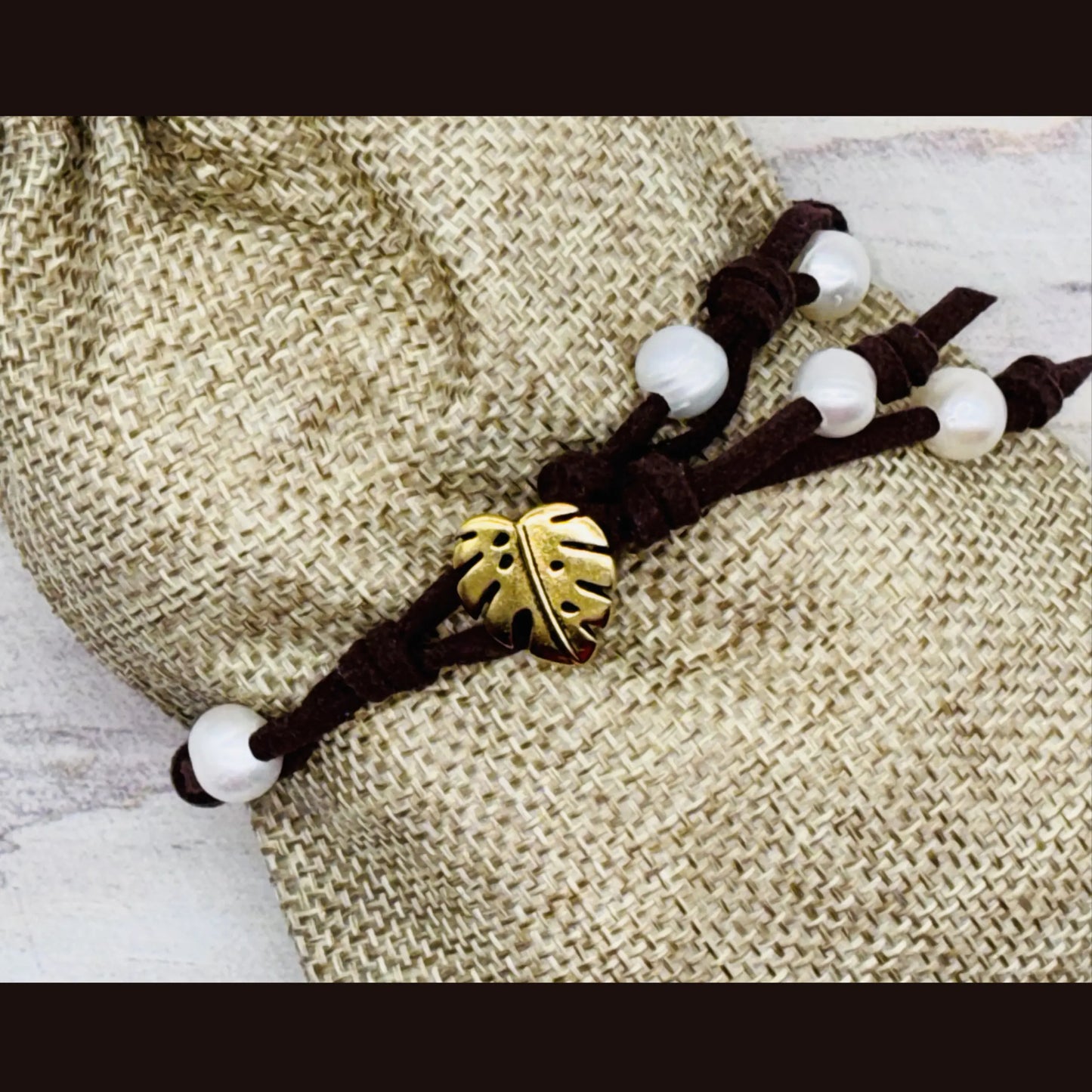 Coastal Pearl Faux-Suede Bracelet - Monstera Leaf