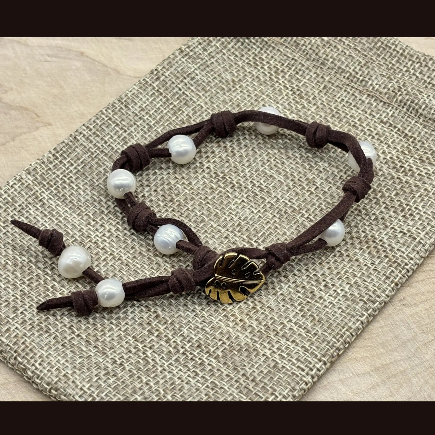 Coastal Pearl Faux-Suede Bracelet - Monstera Leaf