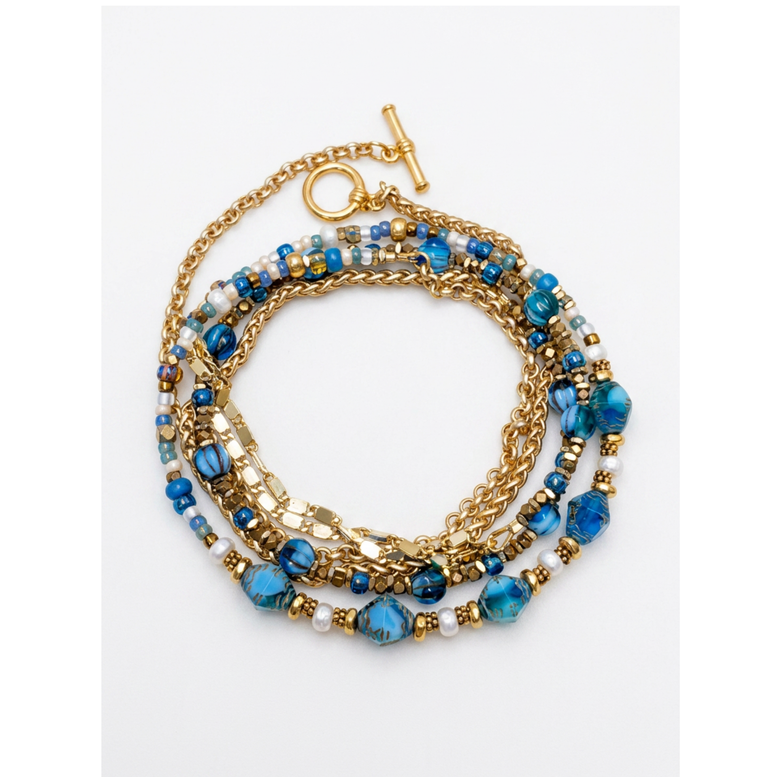 44-inch convertible aquamarine bead and gold chain necklace laid flat on a clean white background.