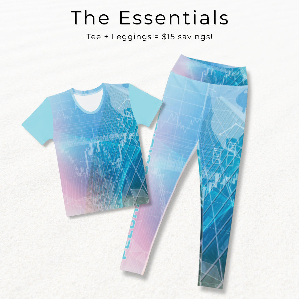 A matching short-sleeve tee and leggings set displayed on a light textured background with promotional text reading 'The Essentials' and 'Tee + Leggings = $15 savings!'. The apparel features a blue, cyan, pink, and lavender gradient with a geometric cityscape and grid pattern.