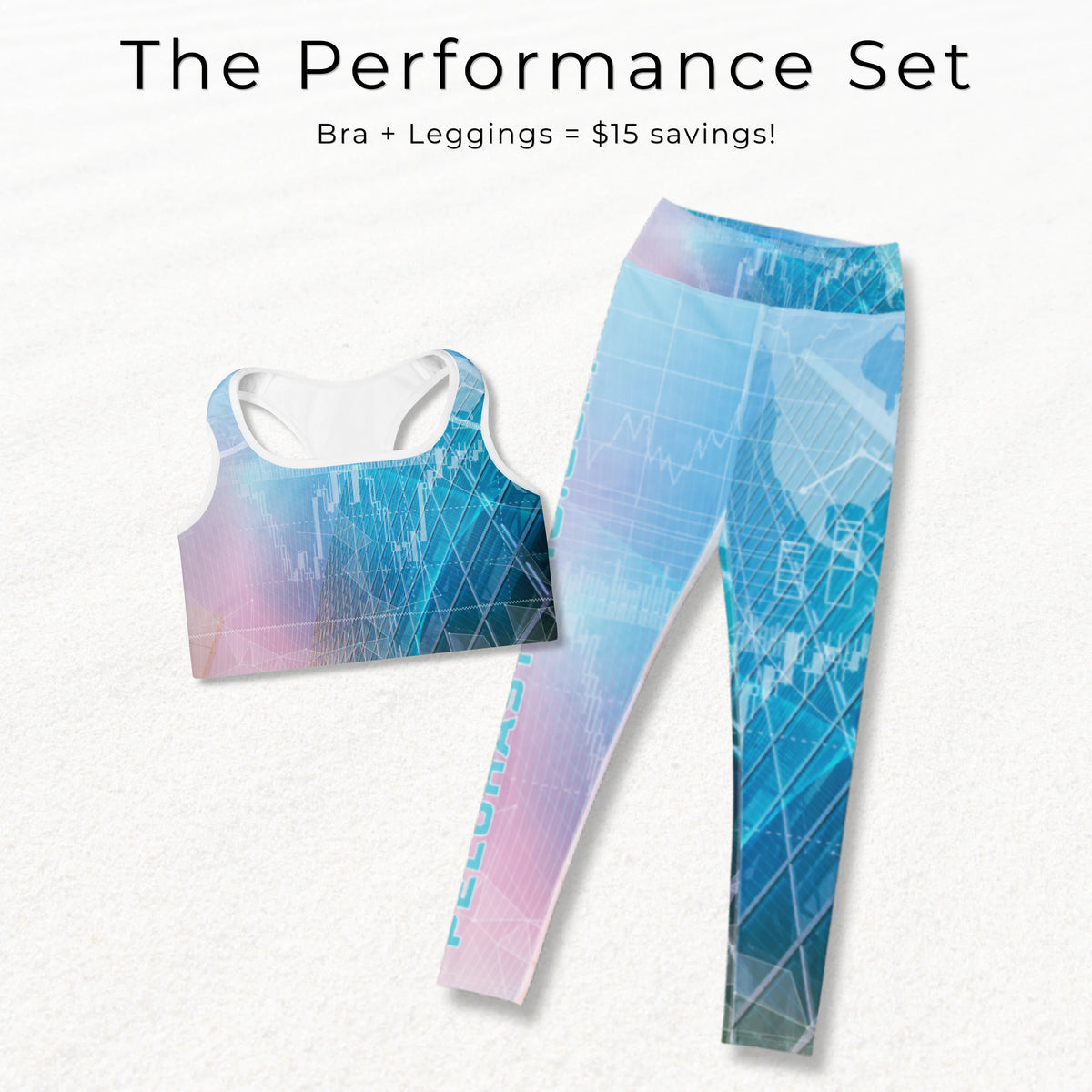 A two-piece athletic set featuring a sports bra and matching leggings with a blue, pink, and white gradient pattern, displayed on a textured white background with promotional text.