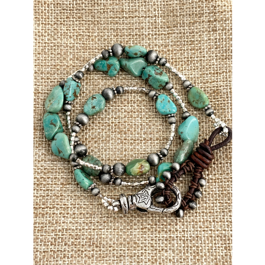 Convertible Arizona turquoise nugget necklace and wrap bracelet with southwestern leather details