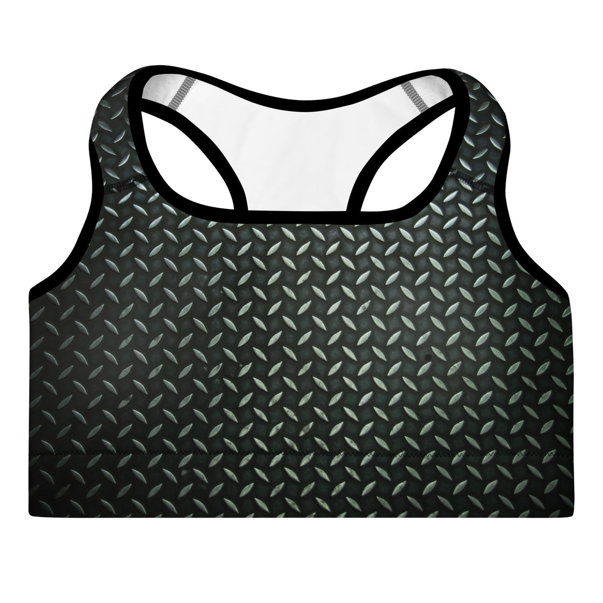 A racerback sports bra featuring a black and gray diamond plate pattern, displayed on a solid white background.