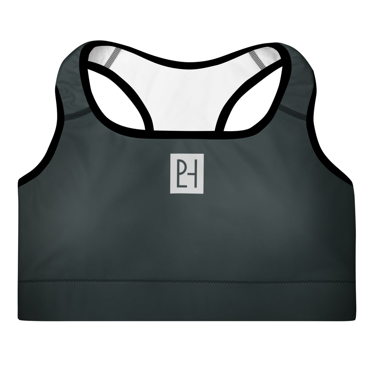 A dark gray athletic sports bra with black trim and a light grey square chest logo for PeLoHa Studio.