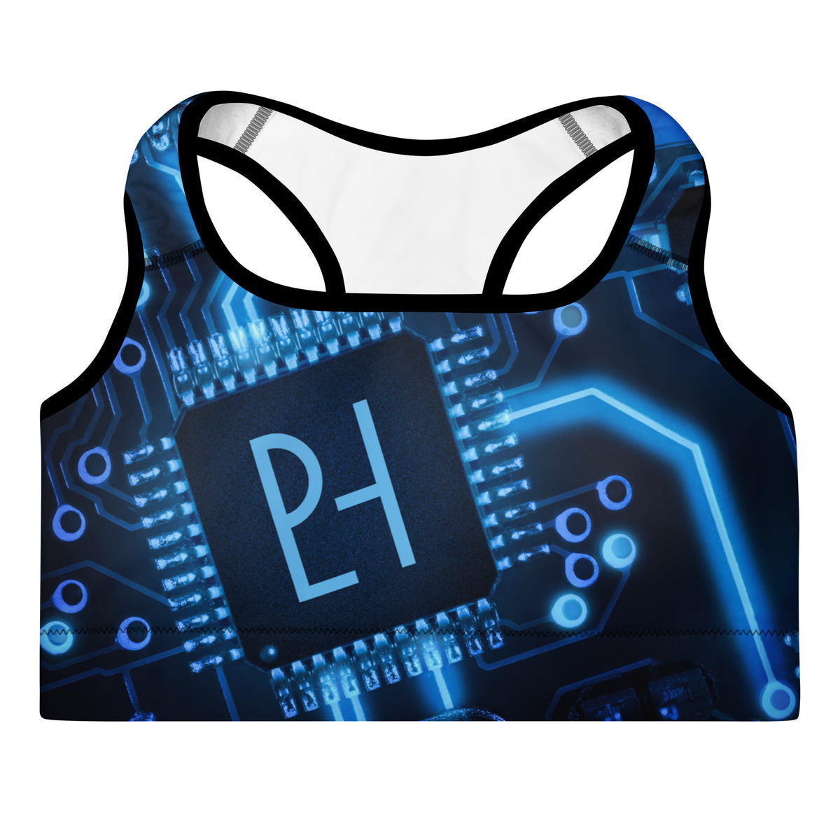 Front view of the Neon Cyber Flow sports bra featuring a high-definition blue computer circuit board print and a central black microchip graphic with a stylized cyan PeLoHa Studio logo.