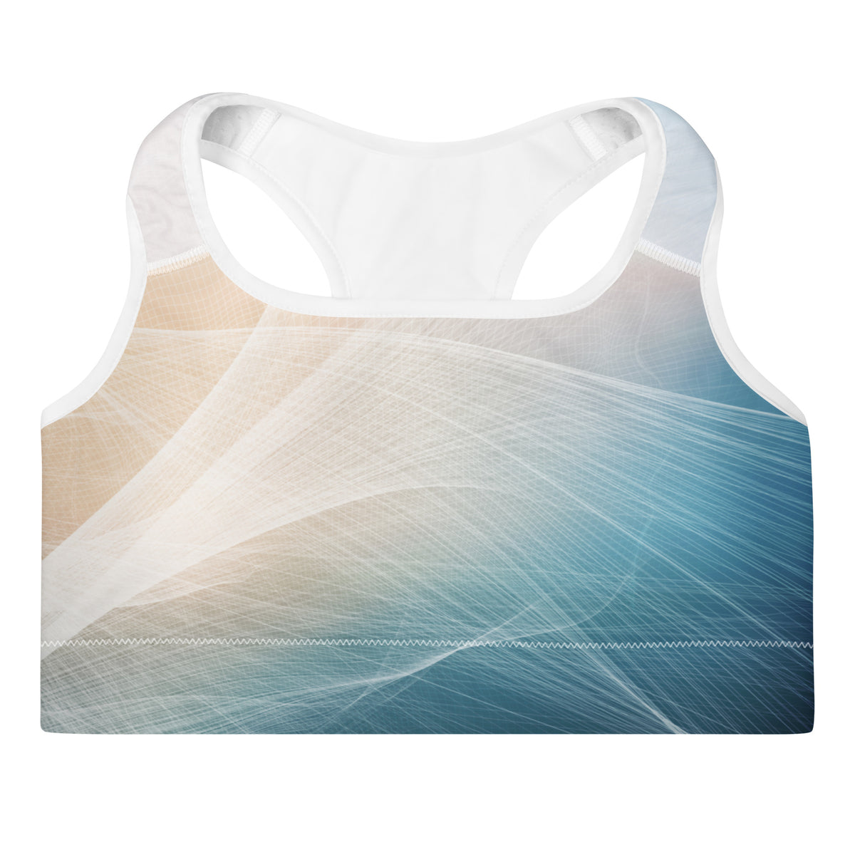A racerback sports bra with a white mesh back and a front panel featuring an abstract design of flowing white lines over a gradient background transitioning from beige to blue.