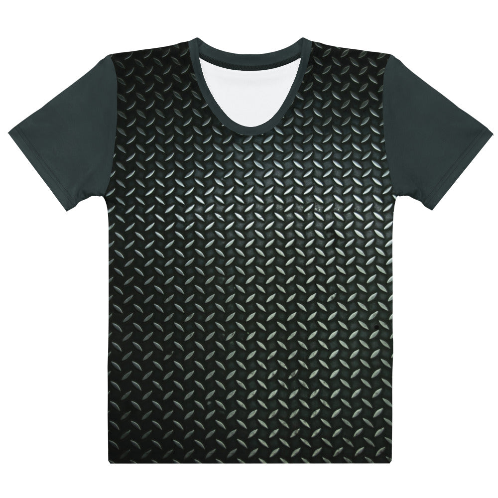 A short-sleeve crewneck t-shirt featuring a black diamond plate pattern across the body and solid dark charcoal gray sleeves.