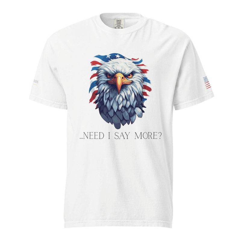 White t-shirt with an eagle graphic and text on a white background