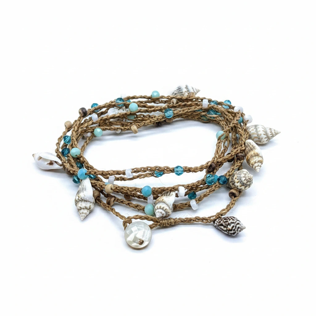 Beachy Style Multi Wrap Bracelet / Necklace with Mother of Pearl & Nassa Shells