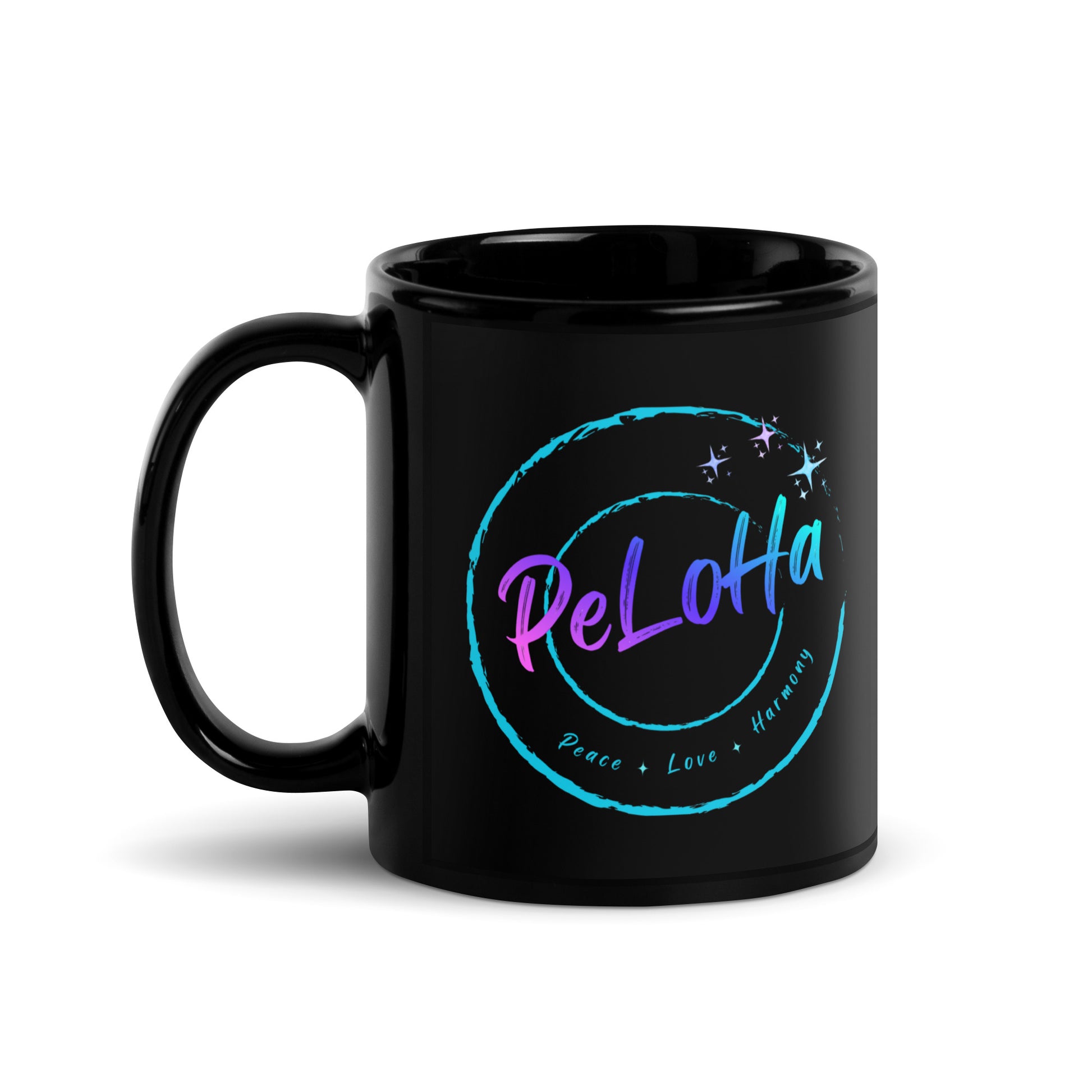 glossy black ceramic mug features custom PeLoHa (Peace, Love + Harmony) graphic in vibrant neon blue, pink, and purple
