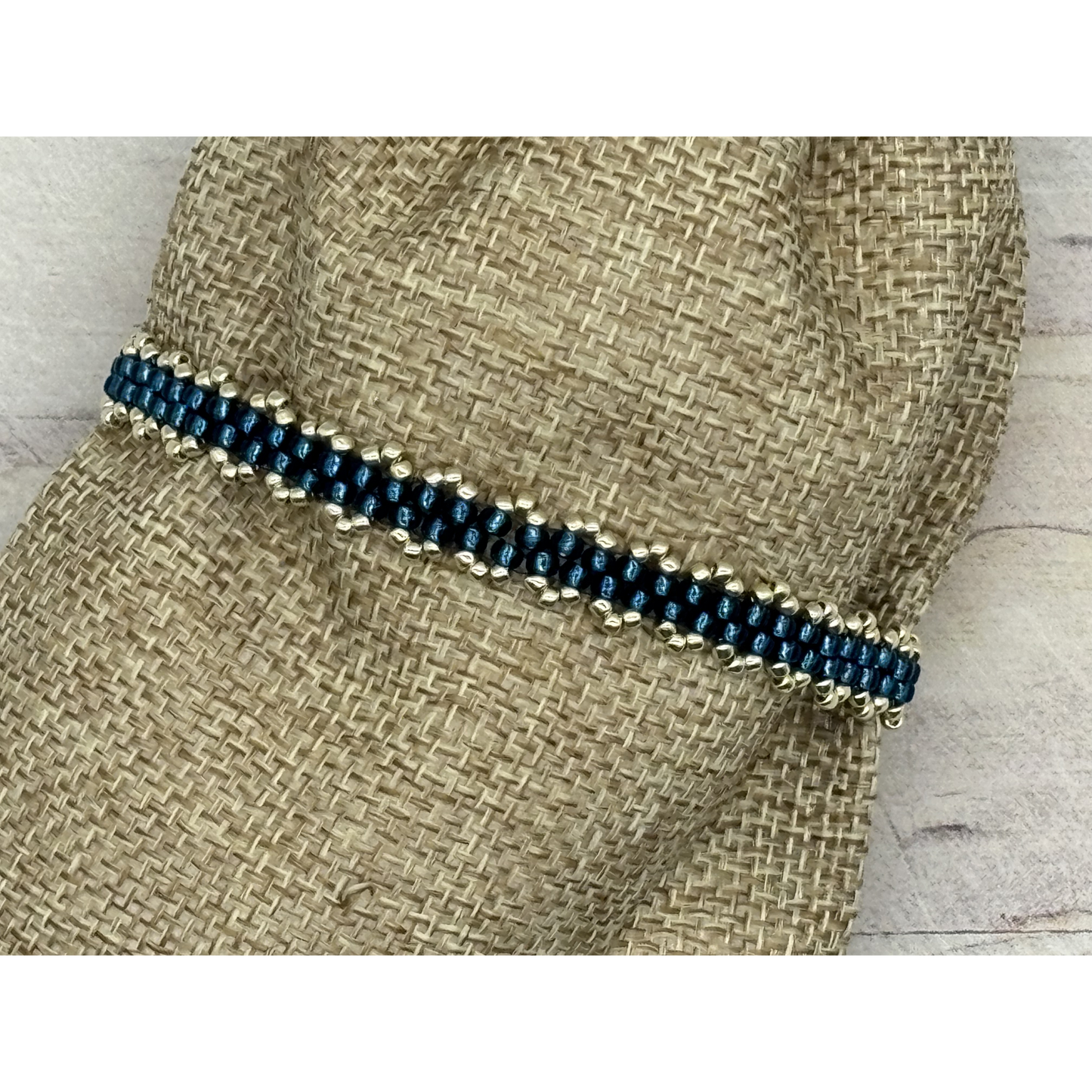 Dainty Woven Seed Bead Bracelet in Blue Zircon & Silver