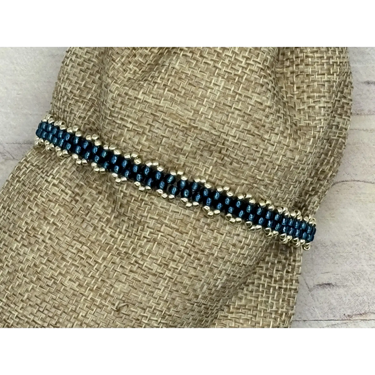 Dainty Woven Seed Bead Bracelet in Blue Zircon & Silver