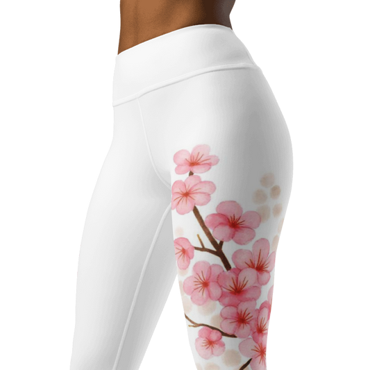 Close-up of the raised waistband and smooth microfiber fabric on pink floral sakura yoga leggings.