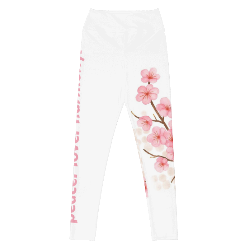 Bohemian style high-waisted yoga leggings featuring an all-over pink cherry blossom branch print by PeLoHa Studio.