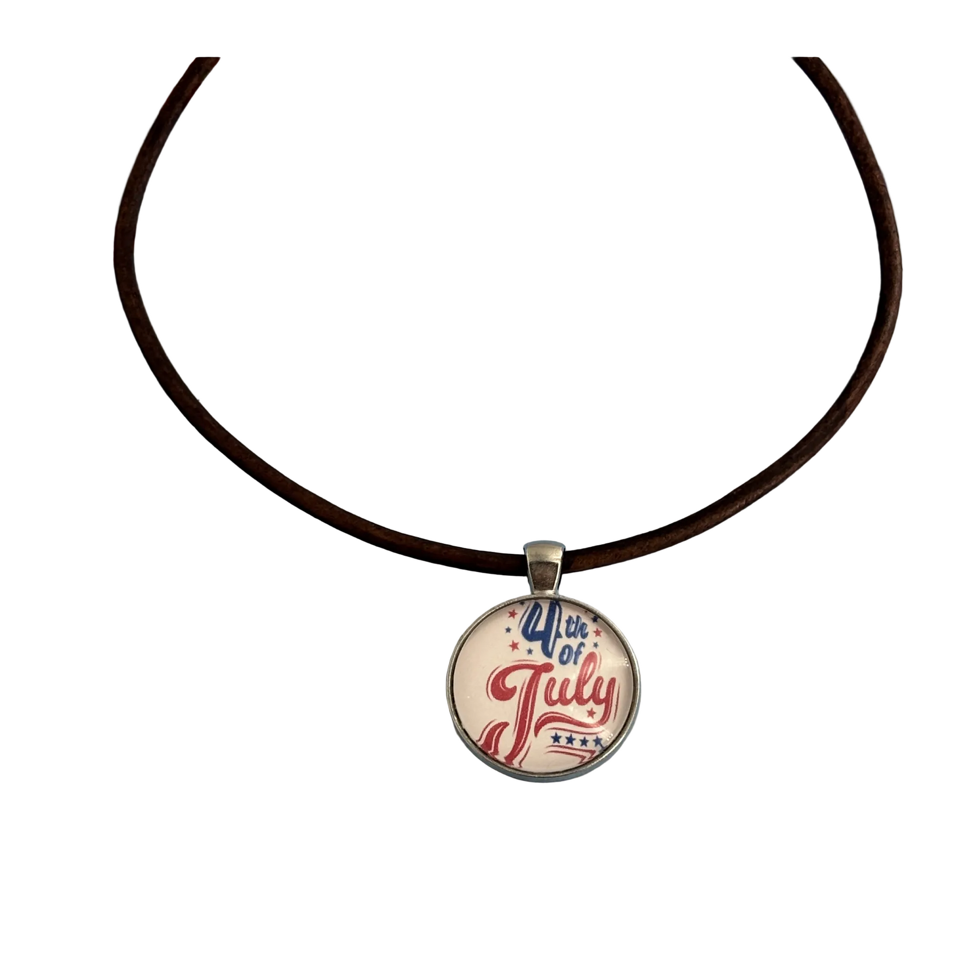 Leather choker necklace with '4th of July' pendant on a white background.
