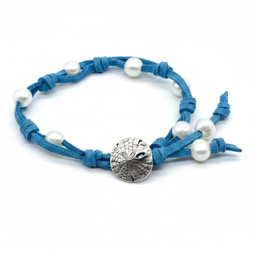 Coastal Pearl Faux-Suede Bracelet - Sand Dollar