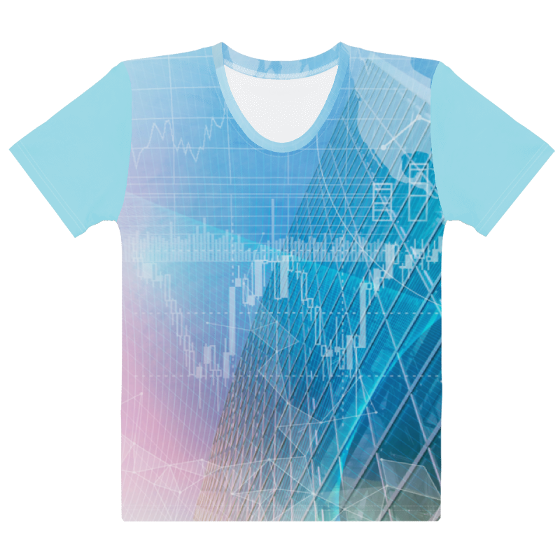 A short-sleeve crewneck t-shirt featuring a light blue and cyan abstract print with white line charts, gridlines, and geometric patterns, set against a solid white background.
