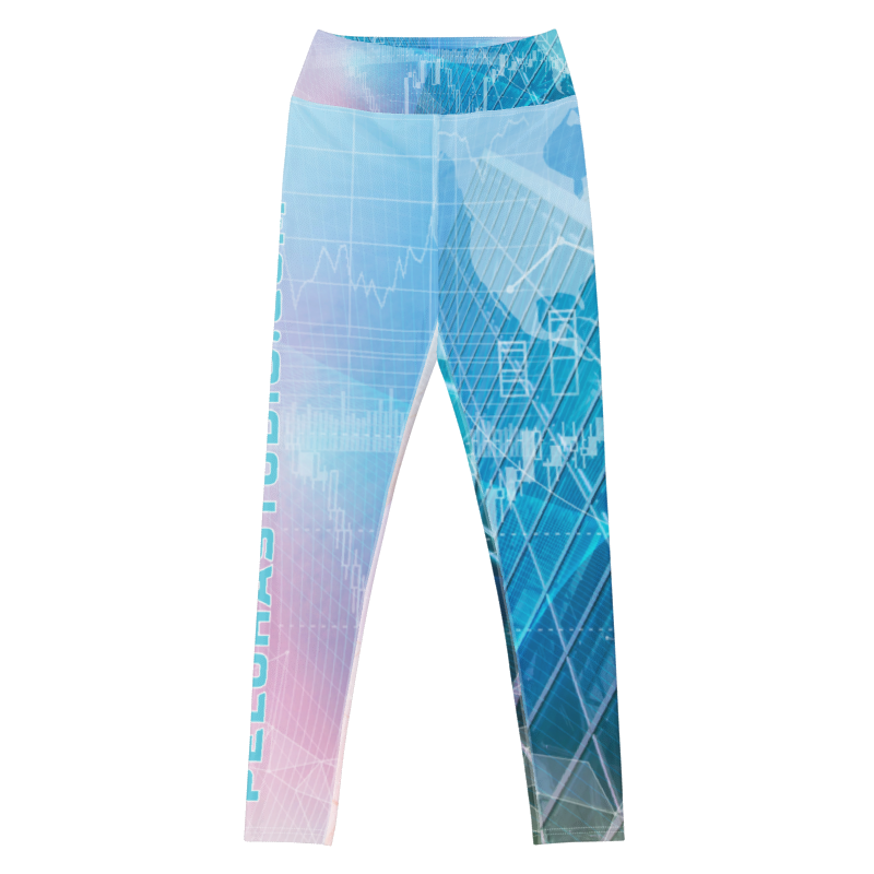 A pair of high-waisted leggings with a futuristic, geometric cybernetic pattern in shades of blue, teal, and pink, featuring white digital line graphics and text on a plain white background.