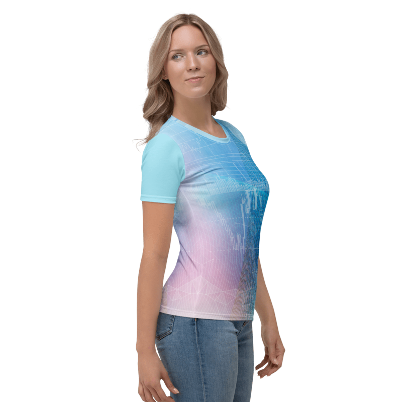 A woman modeling a short-sleeve crewneck t-shirt with a blue, purple, and pink gradient and digital grid pattern, paired with blue jeans against a plain white background.