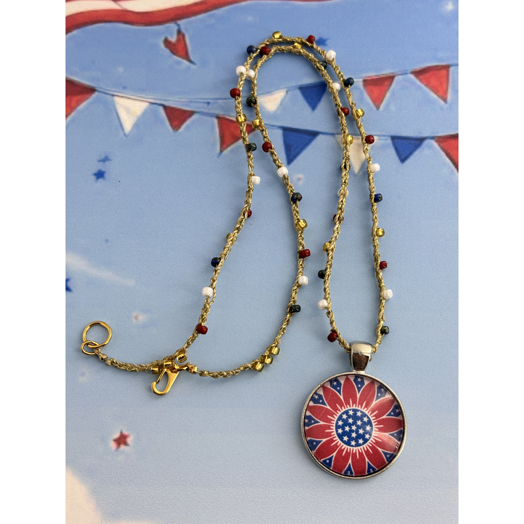 18" Patriotic Bead Crochet Necklace with Gold Accents - Choose Your Pendant