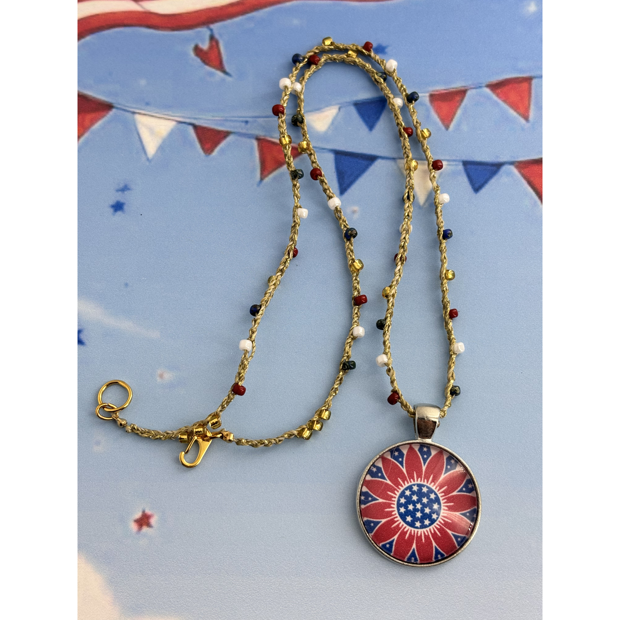 18" Patriotic Bead Crochet Necklace with Gold Accents - Choose Your Pendant