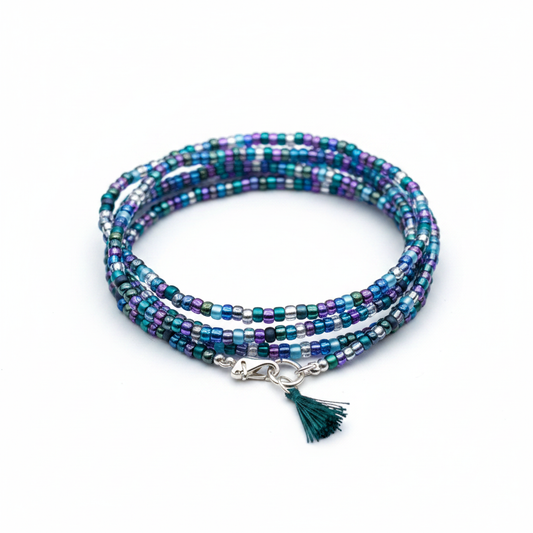 Multi-wrap bracelet with Mermaid's Garden Seed Bead Mix, secured with a silver-plated lobster clasp, on a white background.