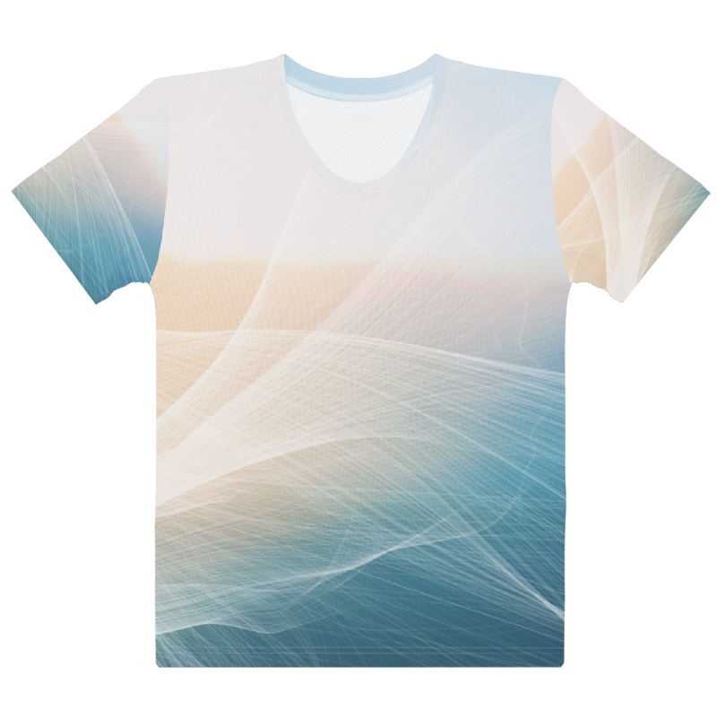 A short-sleeve crewneck t-shirt featuring an abstract, fluid wave pattern in shades of blue, beige, and white, displayed on a solid white background.