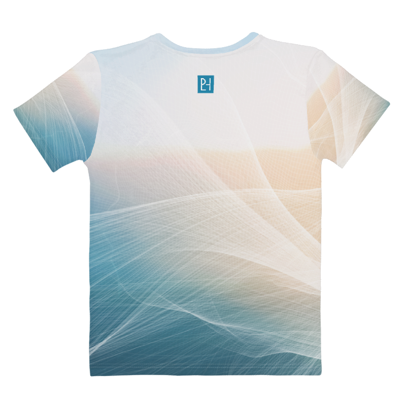 A short-sleeve crewneck t-shirt featuring an abstract, full-bleed print of flowing translucent waves in shades of blue, teal, and soft peach. A small teal square logo with white letters 'PL' is printed on the upper back center.