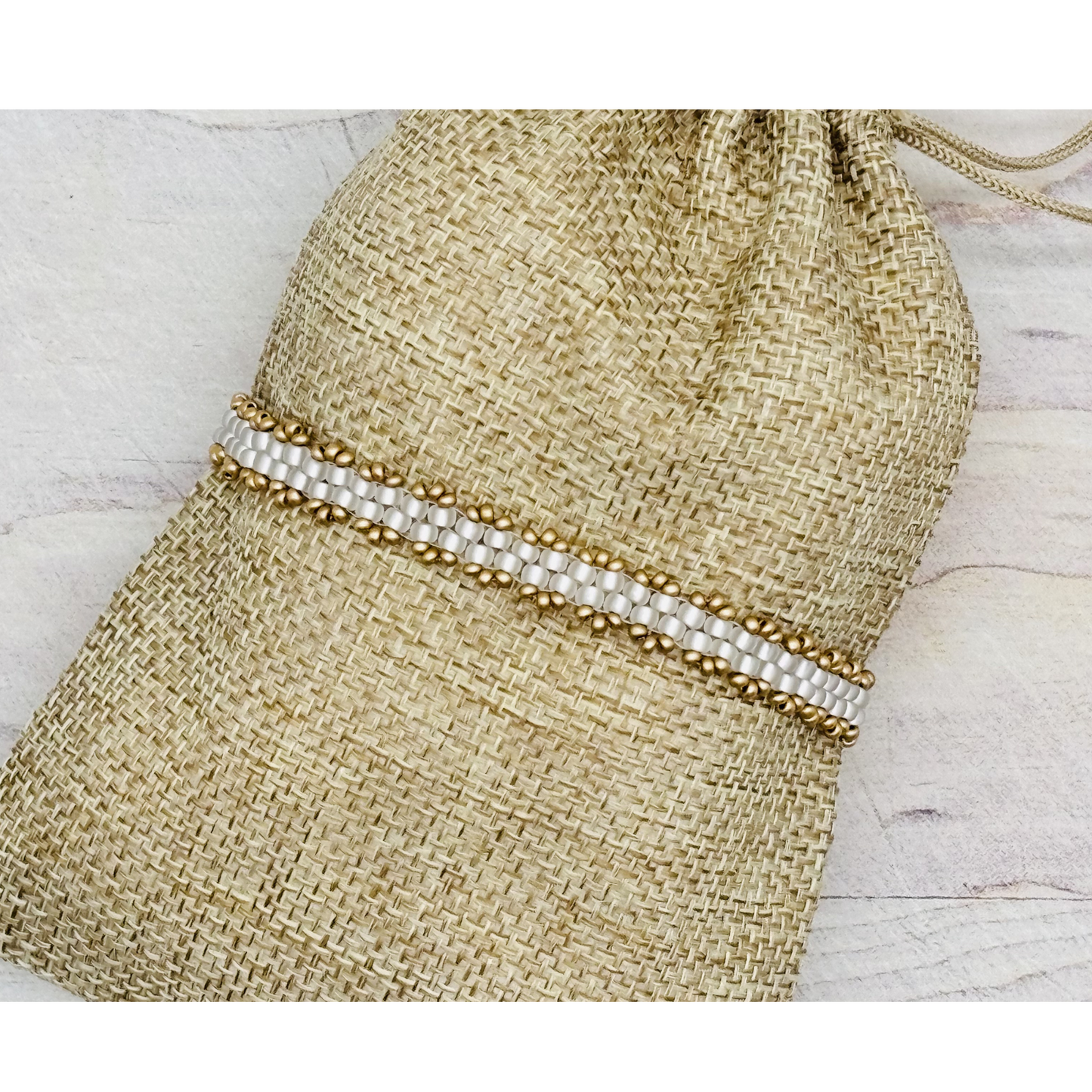 Dainty Woven Seed Bead Bracelet in Silver Lined Crystal & Gold