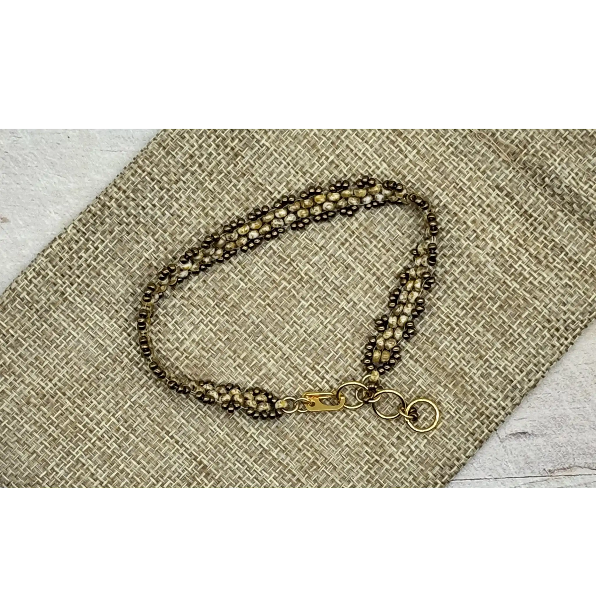 Dainty Woven Seed Bead Bracelet in White Moon Picasso & Bronze