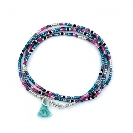 Convertible Seed Bead Wrap Necklace & Bracelet - Pink & Blue Ombre